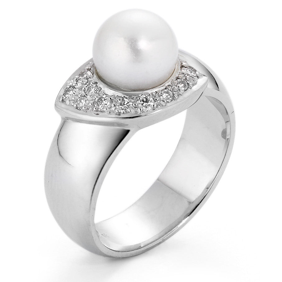 Anello Oro bianco 750/18 carati Diamante 0.15 ct, 10 pietra, w-si Perla coltivata d'acqua dolce bianco, 8 mm
