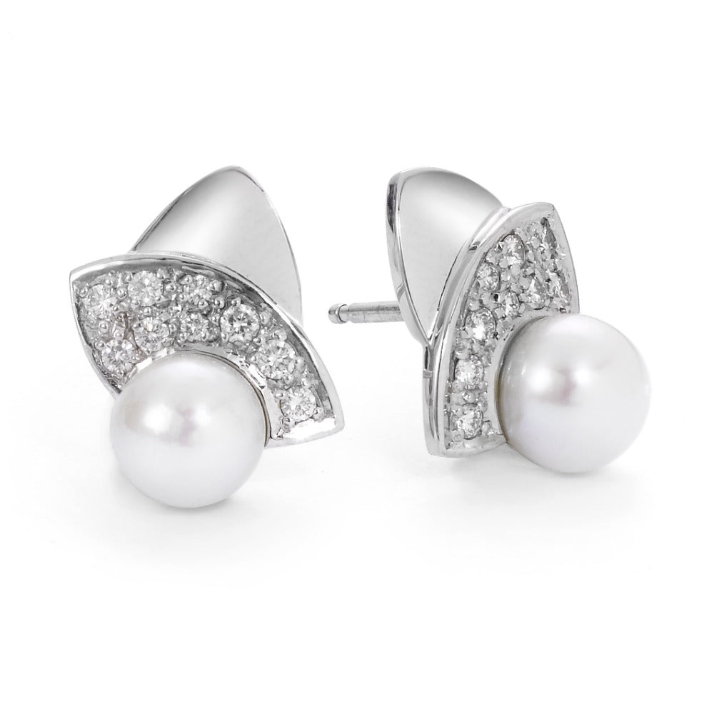 Orecchini a bottone Oro bianco 750/18 carati Diamante 0.30 ct, 18 pietra, w-si Perla coltivata d'acqua dolce bianco