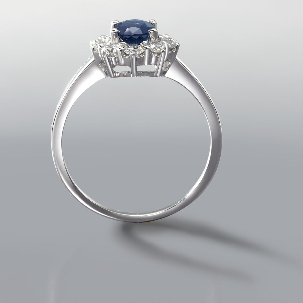 Anello Oro bianco 750/18 carati Zaffiro blu, 0.88 ct, Diamante 0.555 ct, 10 pietra, w-si