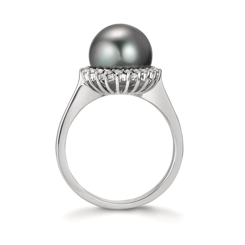 Anello Oro bianco 750/18 carati Diamante 0.27 ct, 22 pietra, w-si Perla di Tahiti Grigio, 10 mm