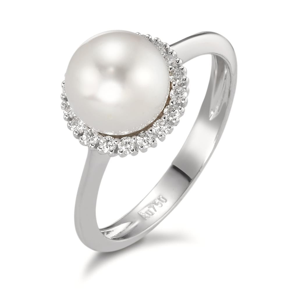 Anello Oro bianco 750/18 carati Diamante 0.18 ct, w-si Perla coltivata d'acqua dolce bianco, 8 mm