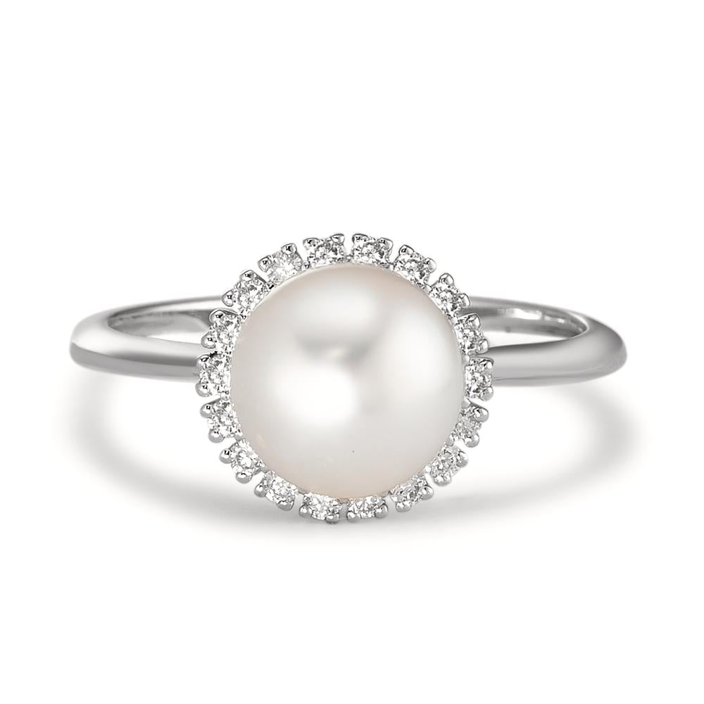 Anello Oro bianco 750/18 carati Diamante 0.18 ct, w-si Perla coltivata d'acqua dolce bianco, 8 mm