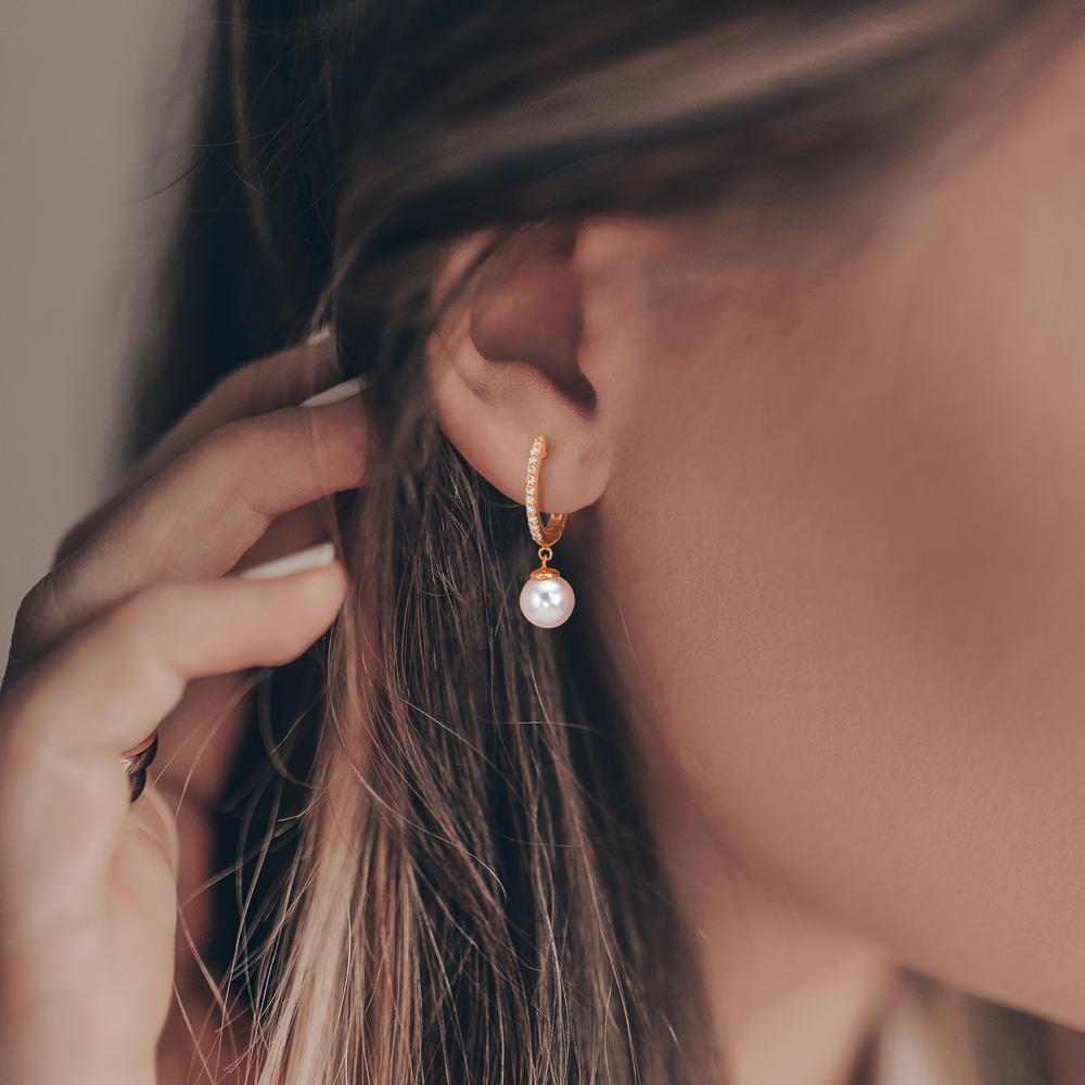 Orecchini circolari Oro rosso 750/18 carati Diamante 0.09 ct, 22 pietra, tw-si Perle Akoya, 2 Perla 6-6.5 mm