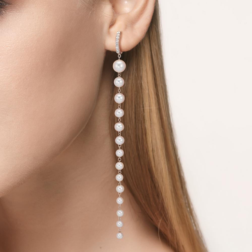 Orecchini circolari Oro bianco 750/18 carati Diamante 0.12 ct, 12 pietra, tw-si Perla coltivata d'acqua dolce, 28 Perla