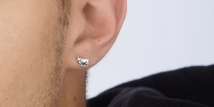 Silberner Ohrstecker mit Kuh-Motiv am Ohr getragen