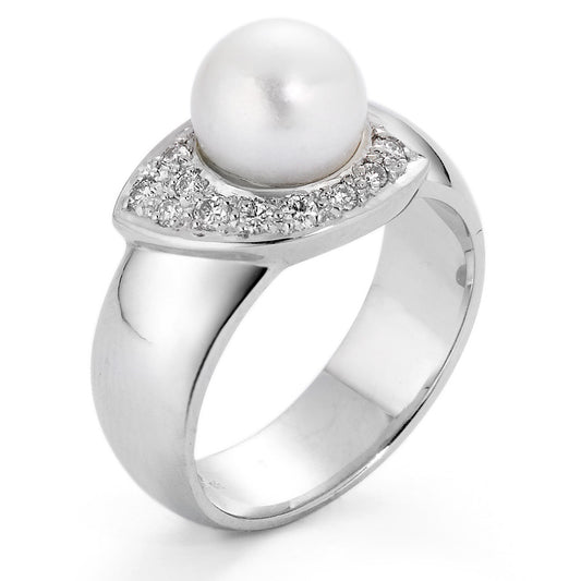 Anello Oro bianco 750/18 carati Diamante 0.15 ct, 10 pietra, w-si Perla coltivata d'acqua dolce bianco, 8 mm
