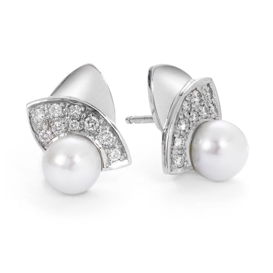 Orecchini a bottone Oro bianco 750/18 carati Diamante 0.30 ct, 18 pietra, w-si Perla coltivata d'acqua dolce bianco