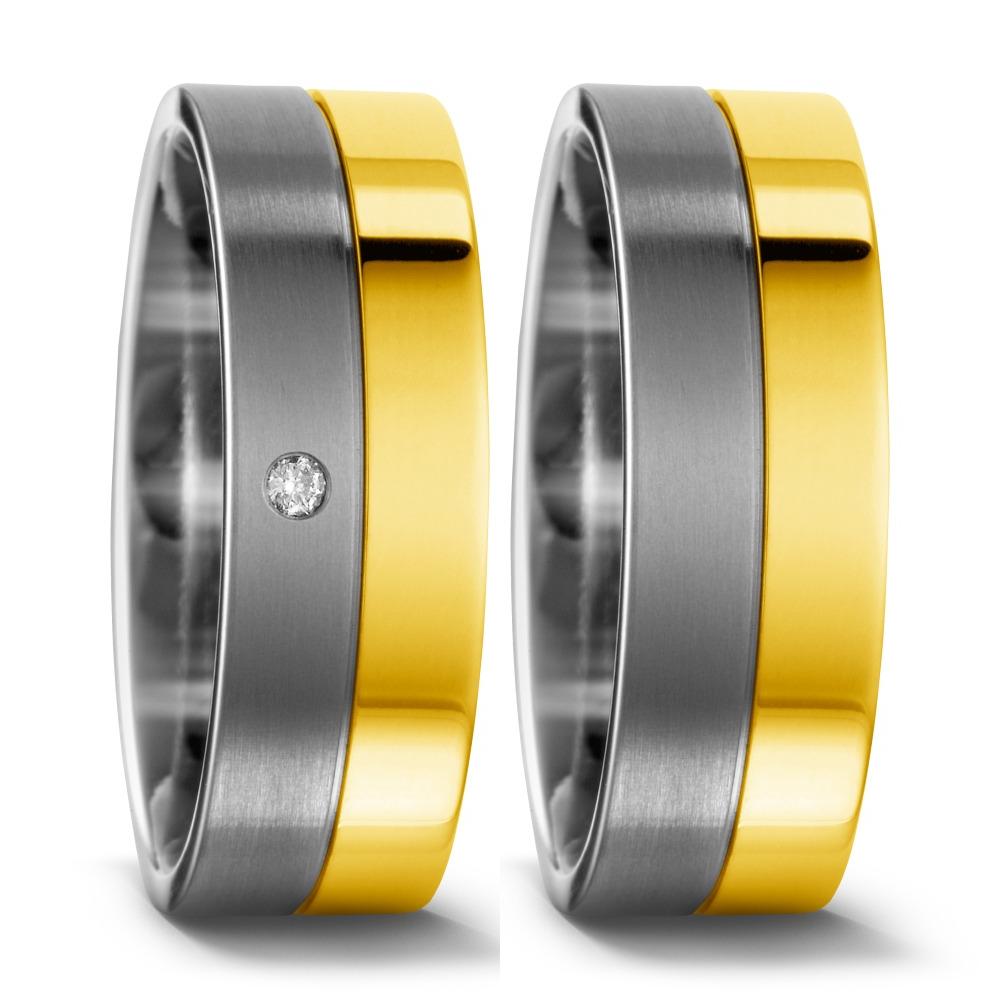 Anello del partner Titanio, Oro giallo 750/18 carati Diamante 0.02 ct, w-si