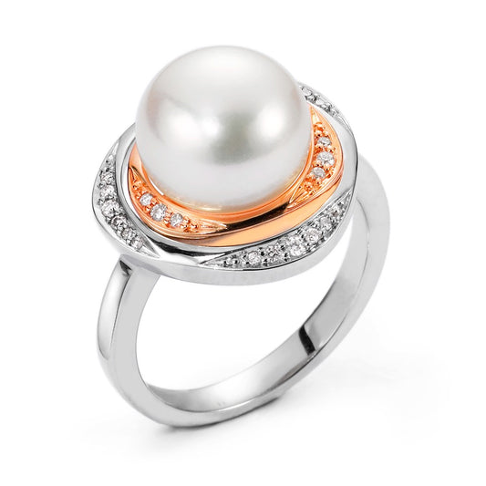 Anello Oro bianco 750/18 carati, Oro rosso 750/18 carati Diamante 0.115 ct, 23 pietra, w-si Perla coltivata d'acqua dolce bianco 10-11 mm
