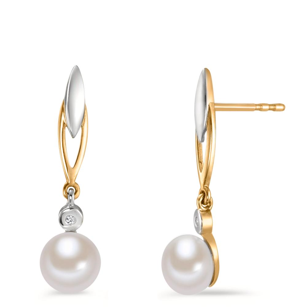 Orecchini Oro giallo 375/9K Diamante 0.01 ct, 2 pietra, w-si Perla coltivata d'acqua dolce bianco, 2 Perla 6-6.5 mm
