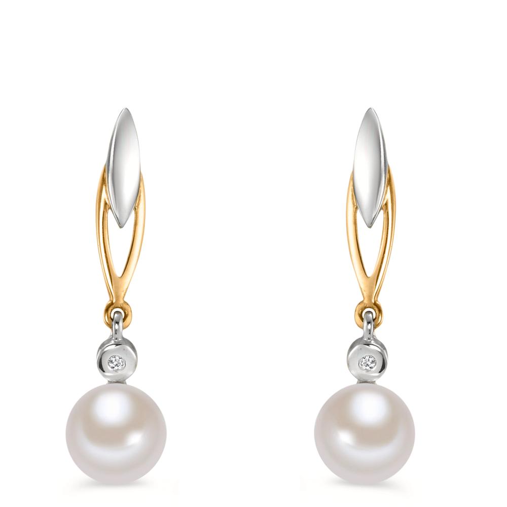 Orecchini Oro giallo 375/9K Diamante 0.01 ct, 2 pietra, w-si Perla coltivata d'acqua dolce bianco, 2 Perla 6-6.5 mm