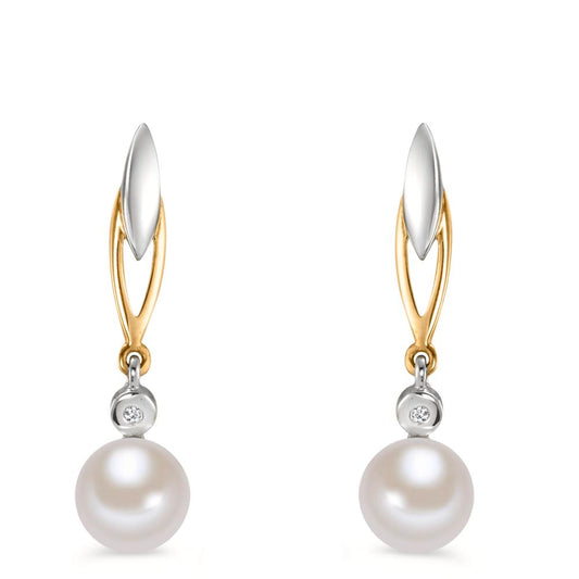 Orecchini Oro giallo 375/9K Diamante 0.01 ct, 2 pietra, w-si Perla coltivata d'acqua dolce bianco, 2 Perla 6-6.5 mm