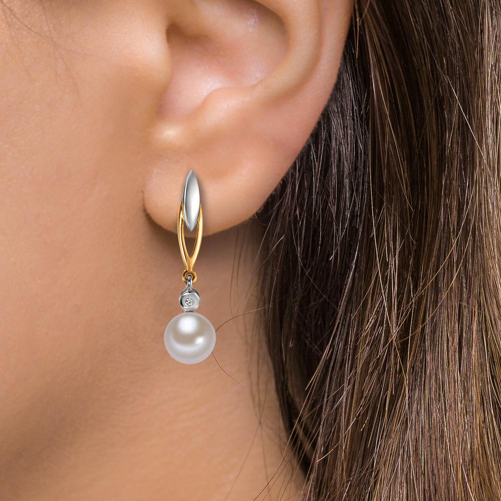 Orecchini Oro giallo 375/9K Diamante 0.01 ct, 2 pietra, w-si Perla coltivata d'acqua dolce bianco, 2 Perla 6-6.5 mm