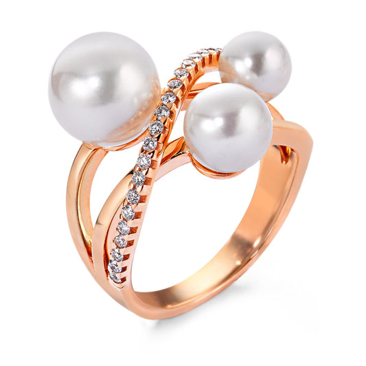 Anello Oro rosso 750/18 carati Diamante 0.18 ct, 27 pietra, w-si Perla coltivata d'acqua dolce bianco, 3 Perla 5.5-9 mm