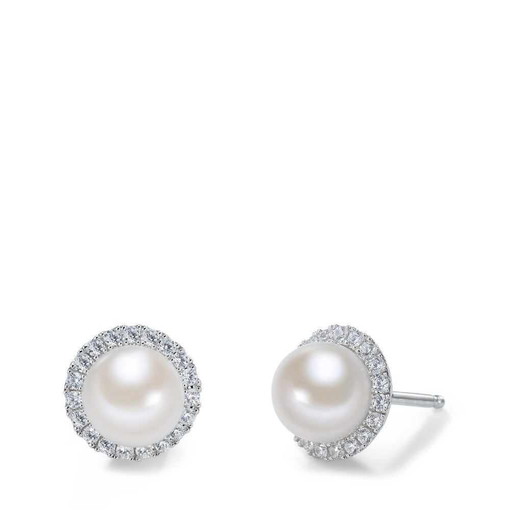 Orecchini a bottone Argento Zirconia bianco rodiato Perla coltivata d'acqua dolce bianco, 2 Perla, 7 mm Ø10 mm