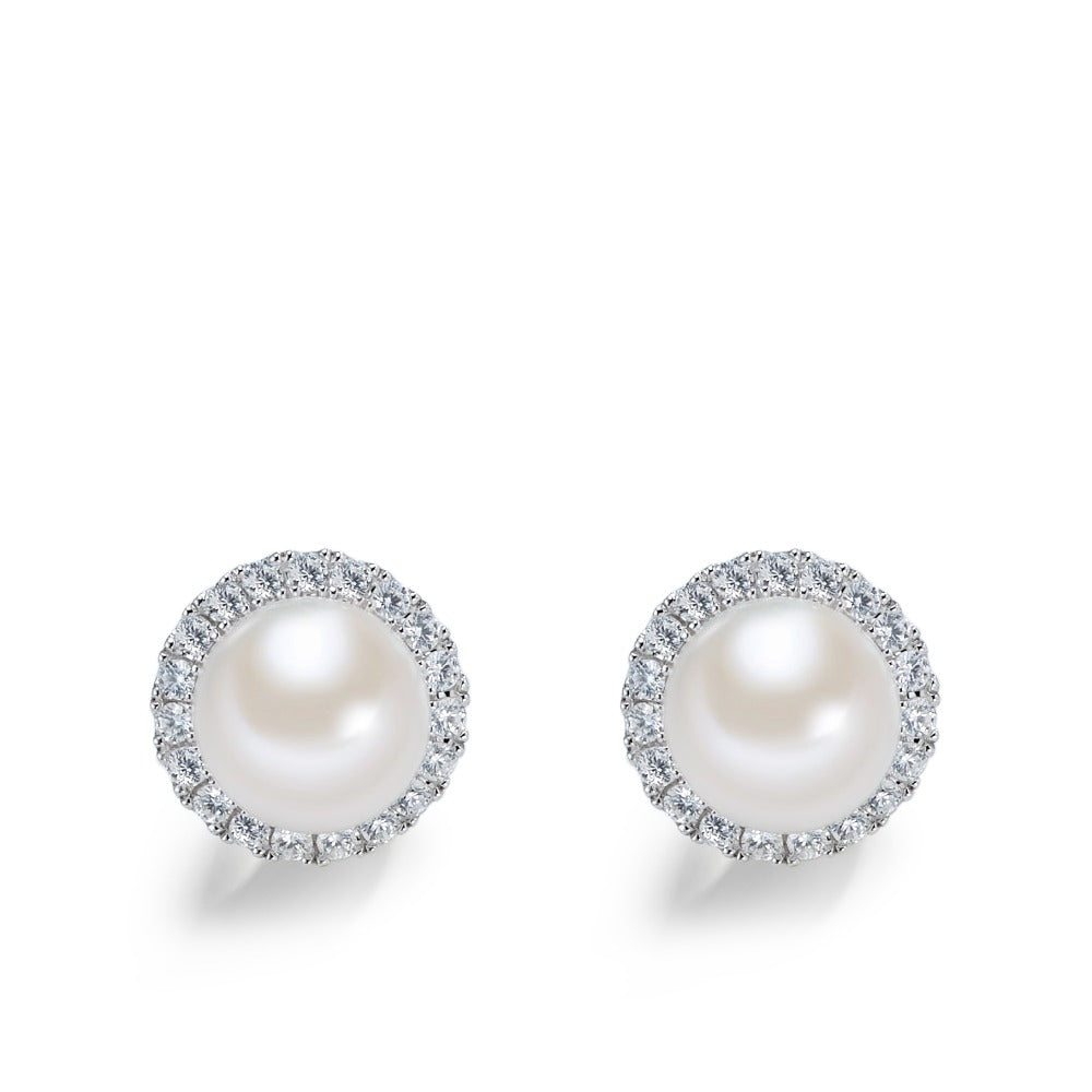 Orecchini a bottone Argento Zirconia bianco rodiato Perla coltivata d'acqua dolce bianco, 2 Perla, 7 mm Ø10 mm