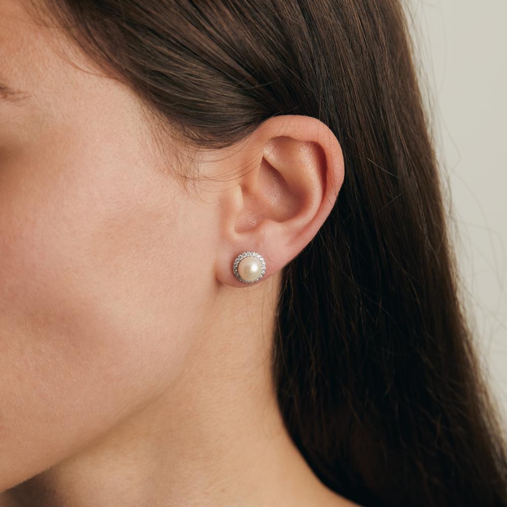 Orecchini a bottone Argento Zirconia bianco rodiato Perla coltivata d'acqua dolce bianco, 2 Perla, 7 mm Ø10 mm