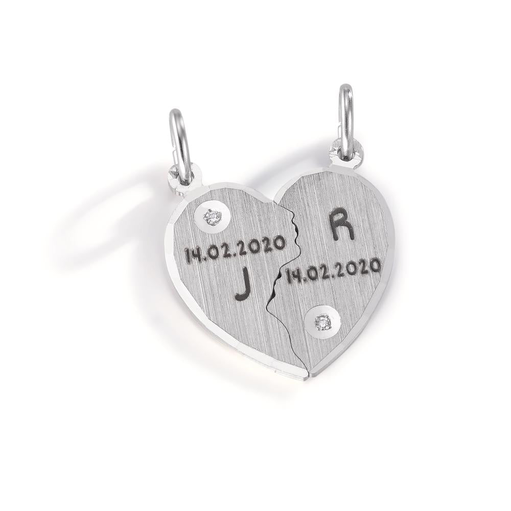 Ciondolo incisione Argento Zirconia bianco, 2 pietra rodiato Cuore