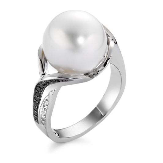 Anello Oro bianco 750/18 carati Diamante nero, 0.24 ct, 44 pietra, [Brillant], tw-vsi Perla coltivata d'acqua dolce bianco, 12 mm