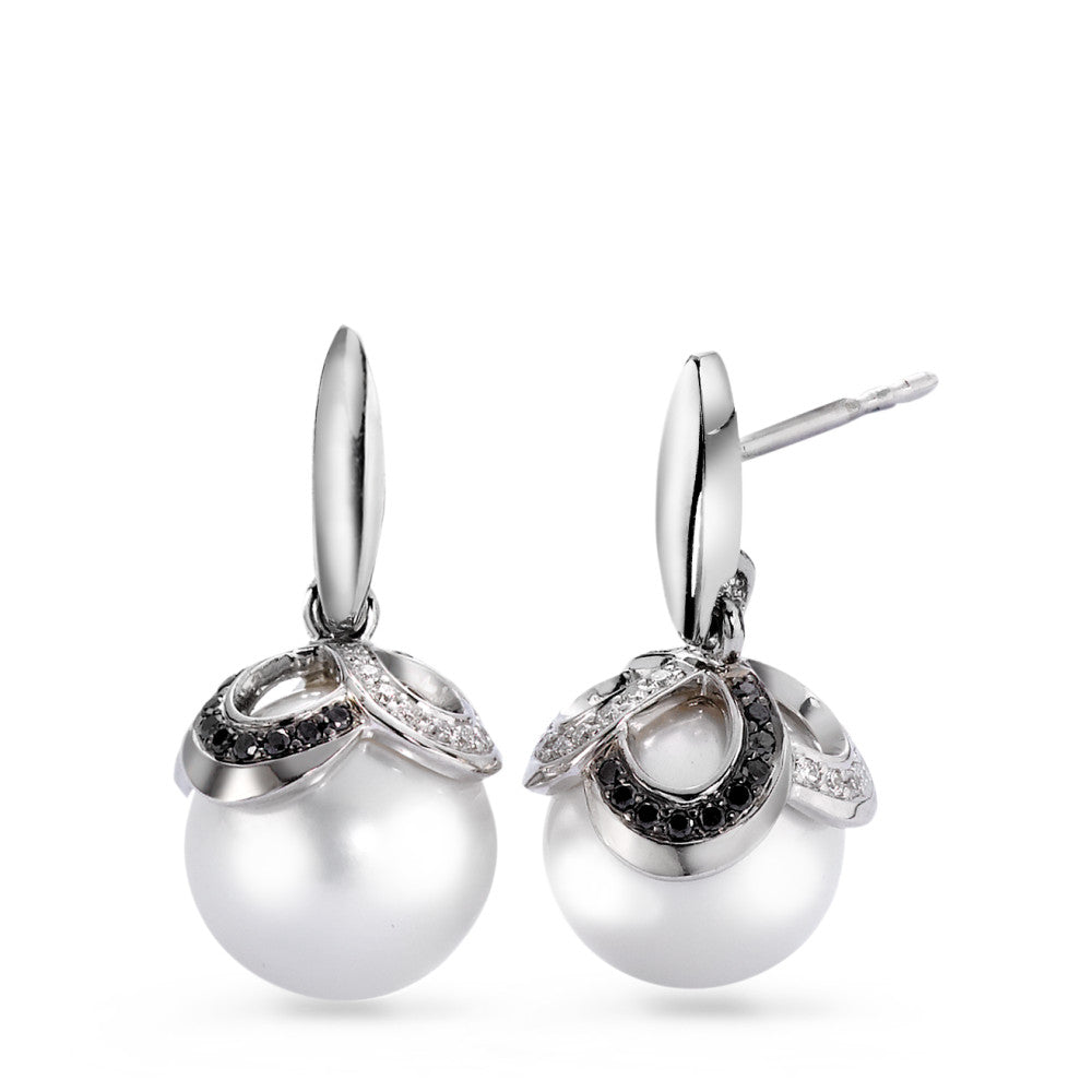 Orecchini Oro bianco 750/18 carati Diamante nero, 0.32 ct, 80 pietra, [Brillant], tw-vsi Perla coltivata d'acqua dolce bianco, 2 Perla, 10 mm