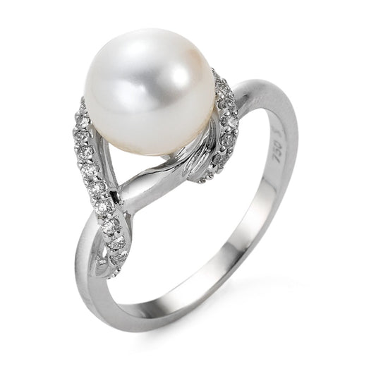 Anello Oro bianco 750/18 carati Diamante 0.20 ct, 23 pietra, w-si Perla coltivata d'acqua dolce bianco, 9 mm
