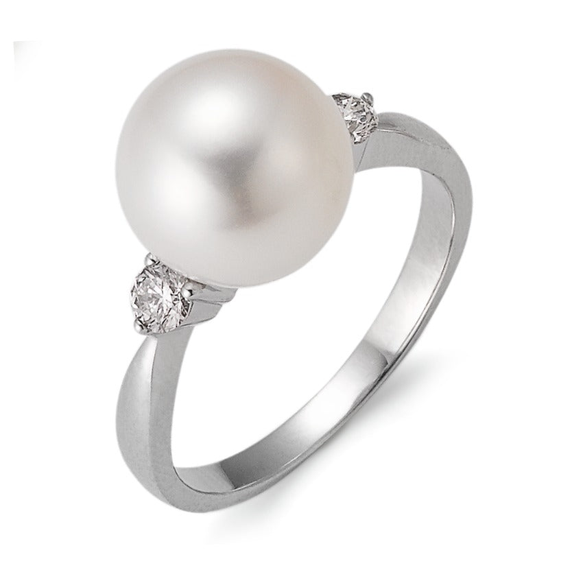 Anello Oro bianco 750/18 carati Diamante 0.24 ct, 2 pietra, w-si Perla coltivata d'acqua dolce bianco, 10 mm