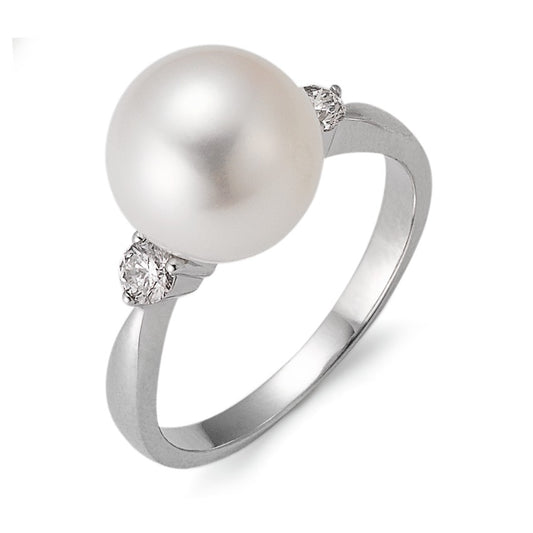 Anello Oro bianco 750/18 carati Diamante 0.24 ct, 2 pietra, w-si Perla coltivata d'acqua dolce bianco, 10 mm