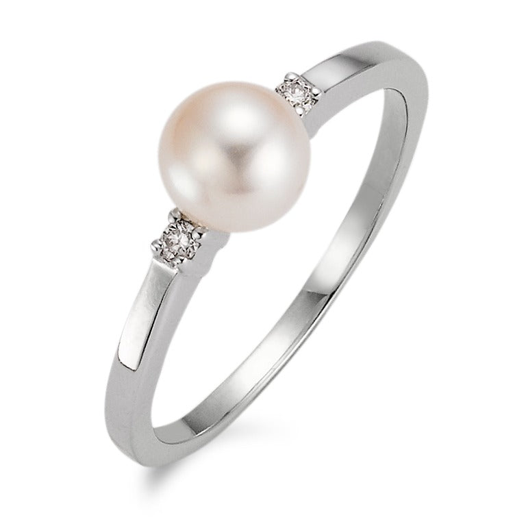 Anello Oro bianco 750/18 carati Diamante 0.04 ct, 2 pietra, w-si Perla coltivata d'acqua dolce