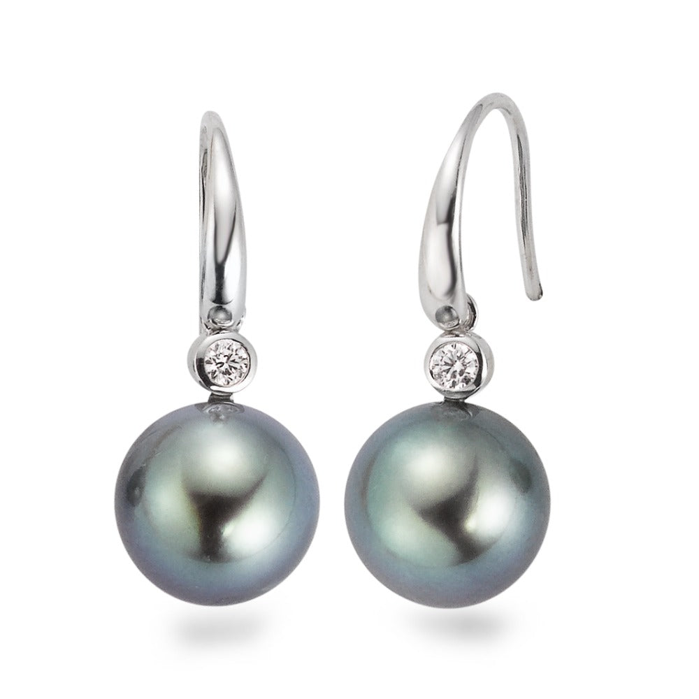 Orecchini Oro bianco 750/18 carati Diamante 0.09 ct, 2 pietra, w-si Perla di Tahiti Grigio, 2 Perla, 10 mm