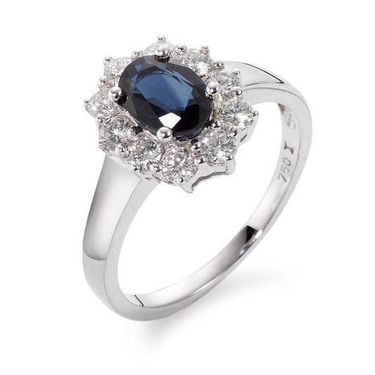 Anello Oro bianco 750/18 carati Zaffiro blu, 0.88 ct, Diamante 0.555 ct, 10 pietra, w-si