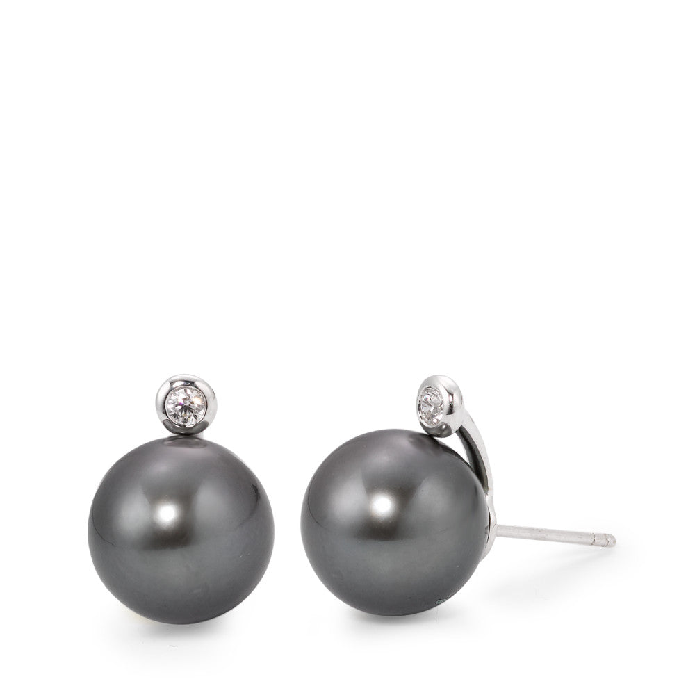 Orecchini a bottone Oro bianco 750/18 carati Diamante 0.09 ct, 2 pietra, w-si Perla di Tahiti Grigio, 2 Perla, 12 mm
