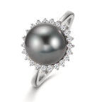 Anello Oro bianco 750/18 carati Diamante 0.27 ct, 22 pietra, w-si Perla di Tahiti Grigio, 10 mm