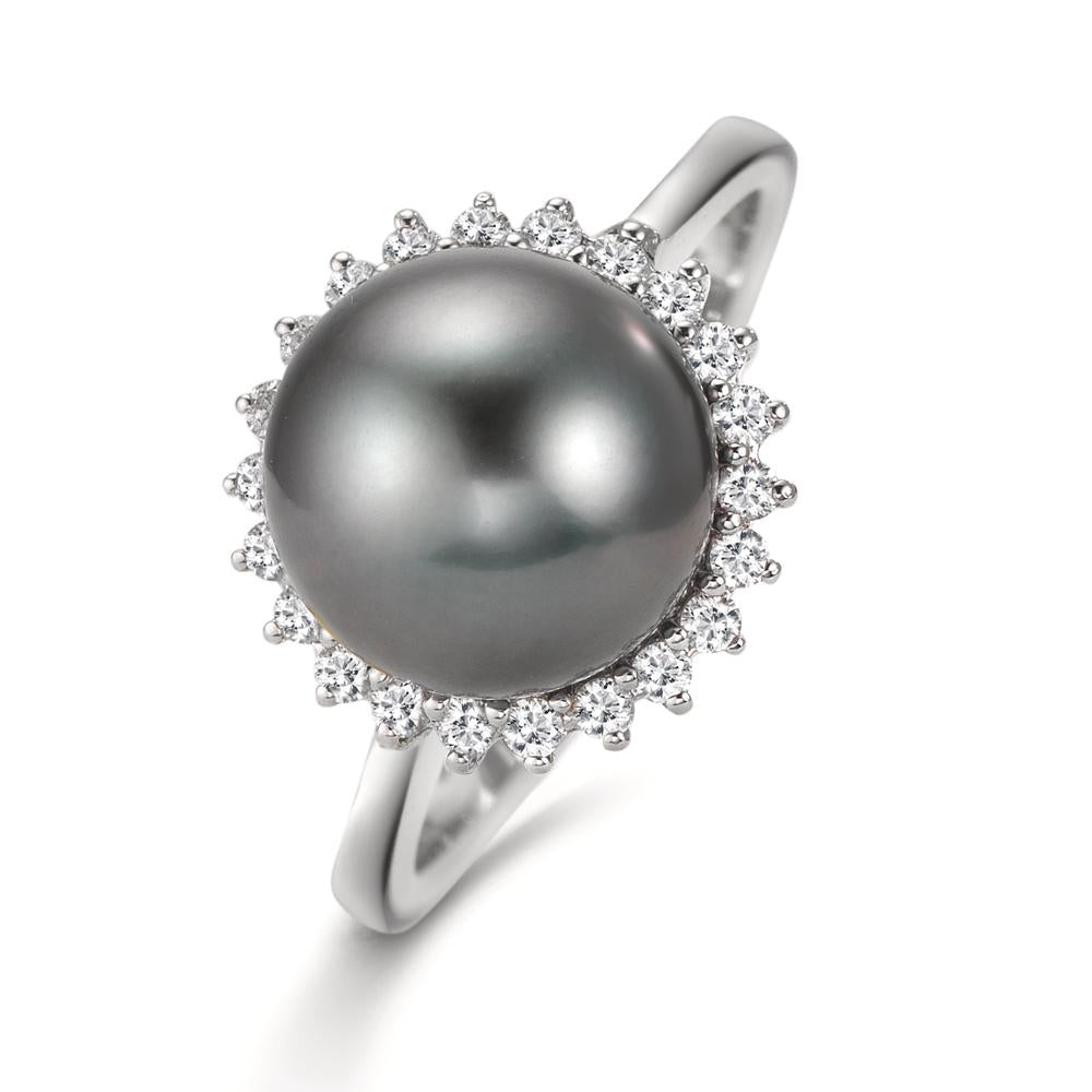 Anello Oro bianco 750/18 carati Diamante 0.27 ct, 22 pietra, w-si Perla di Tahiti Grigio, 10 mm