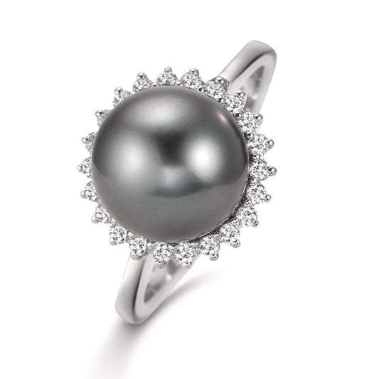 Anello Oro bianco 750/18 carati Diamante 0.27 ct, 22 pietra, w-si Perla di Tahiti Grigio, 10 mm