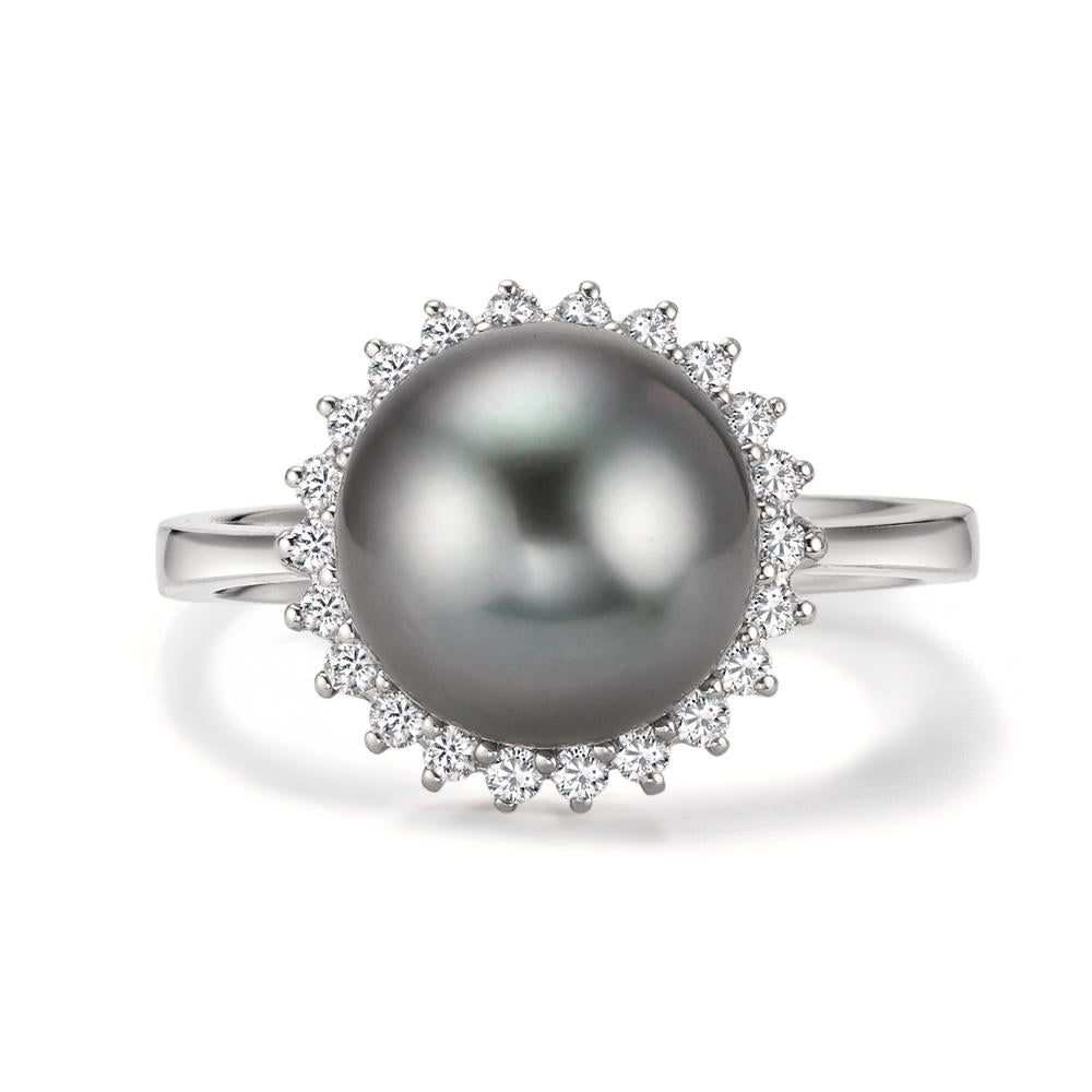Anello Oro bianco 750/18 carati Diamante 0.27 ct, 22 pietra, w-si Perla di Tahiti Grigio, 10 mm