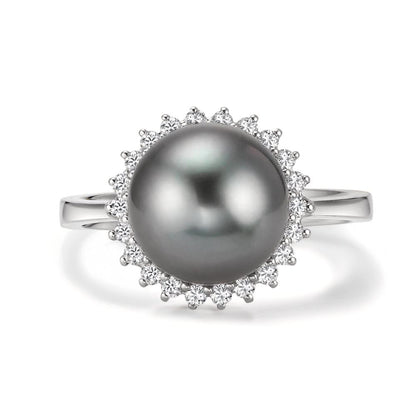 Anello Oro bianco 750/18 carati Diamante 0.27 ct, 22 pietra, w-si Perla di Tahiti Grigio, 10 mm