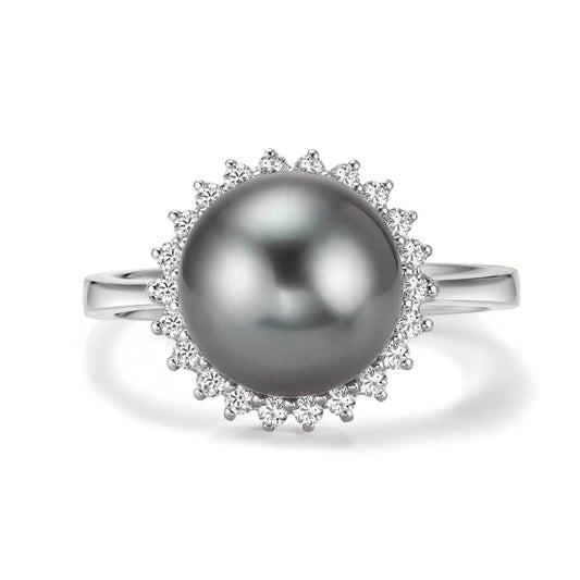 Anello Oro bianco 750/18 carati Diamante 0.27 ct, 22 pietra, w-si Perla di Tahiti Grigio, 10 mm