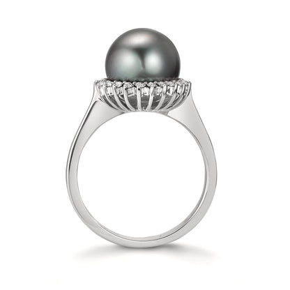 Anello Oro bianco 750/18 carati Diamante 0.27 ct, 22 pietra, w-si Perla di Tahiti Grigio, 10 mm