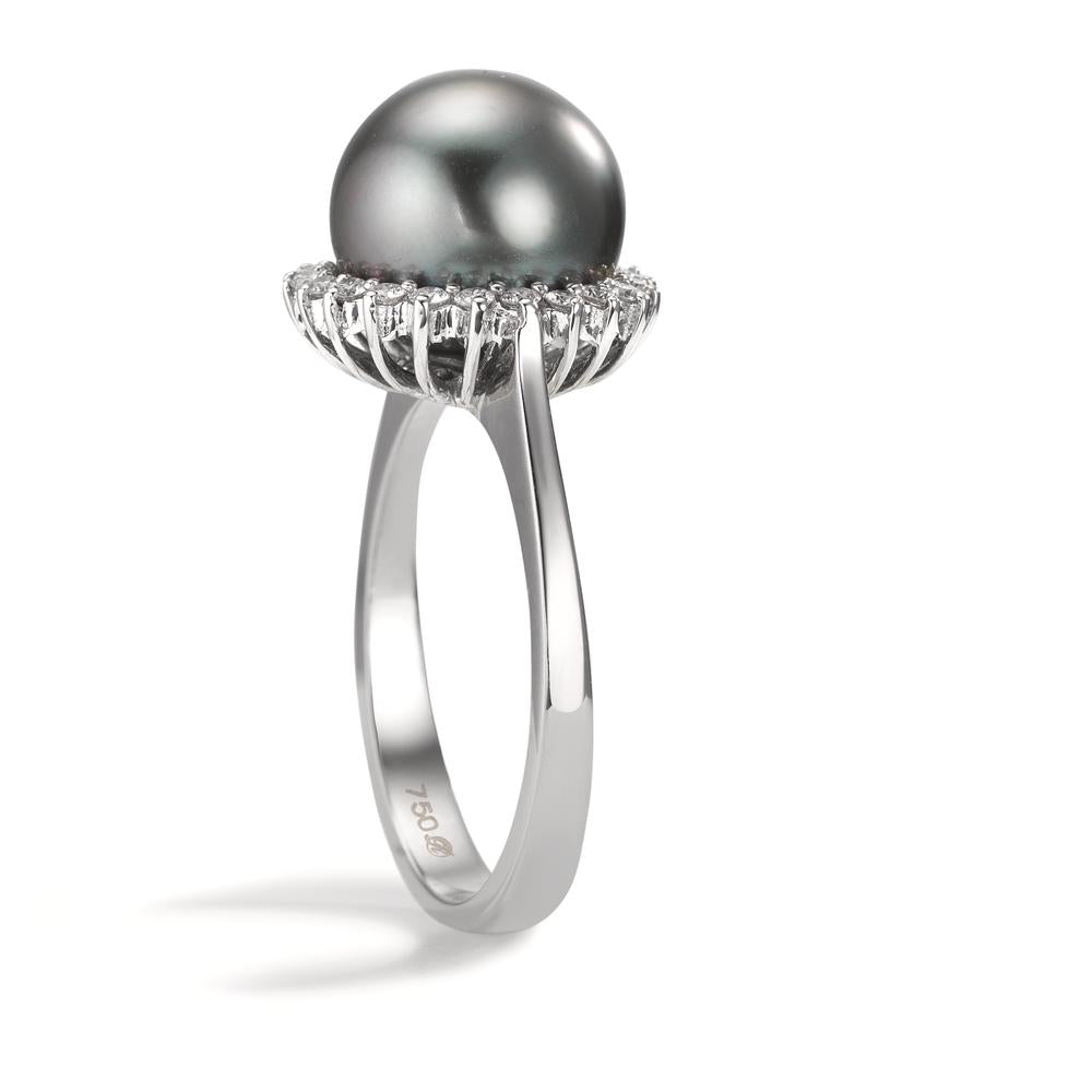 Anello Oro bianco 750/18 carati Diamante 0.27 ct, 22 pietra, w-si Perla di Tahiti Grigio, 10 mm