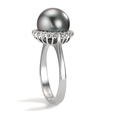 Anello Oro bianco 750/18 carati Diamante 0.27 ct, 22 pietra, w-si Perla di Tahiti Grigio, 10 mm
