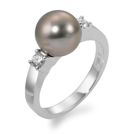 Anello Oro bianco 750/18 carati Diamante 0.20 ct, 2 pietra, w-si Perla di Tahiti, 9.5 mm