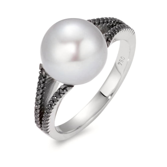 Anello Oro bianco 750/18 carati Diamante nero, 0.19 ct, 48 pietra, [Achtkant] Perla coltivata d'acqua dolce, 10.5 mm