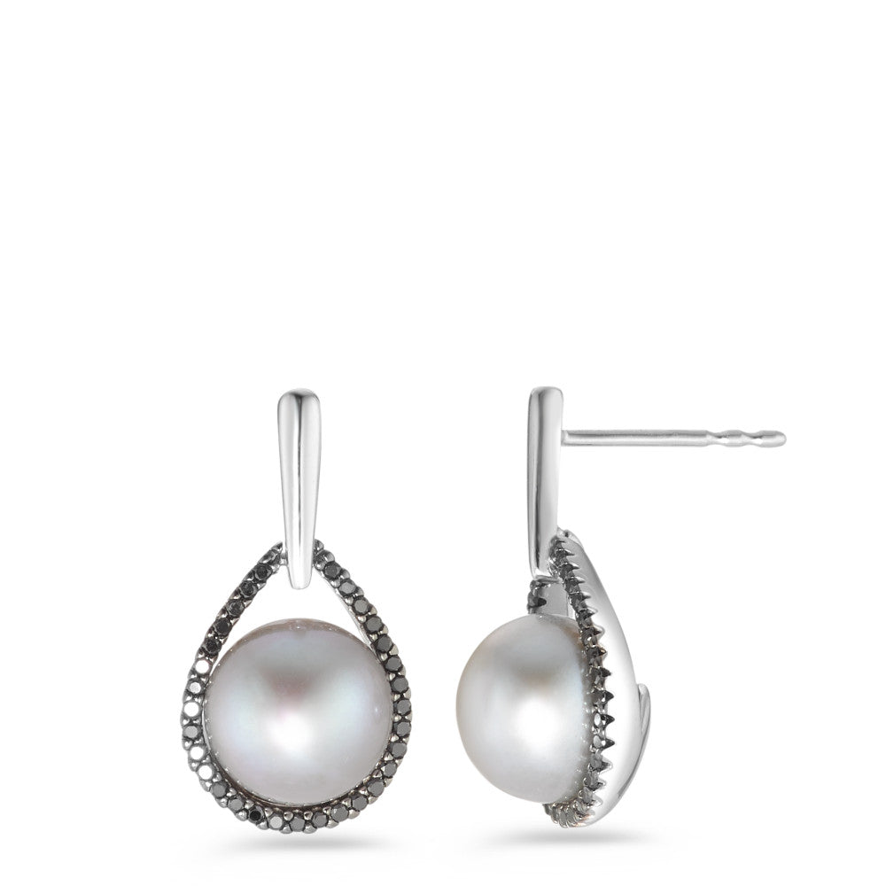 Orecchini Oro bianco 750/18 carati Diamante nero, 0.24 ct, 62 pietra, [Achtkant] Perla coltivata d'acqua dolce bianco, 2 Perla, 8.5 mm