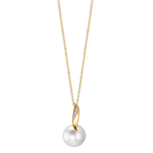 Catena con ciondolo Oro giallo 750/18 carati, Oro bianco 750/18 carati Diamante bianco, 0.01 ct, 2 pietra, [Brillant], w-si Perla coltivata d'acqua dolce 40-42 cm