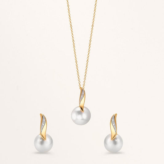 Catena con ciondolo Oro giallo 750/18 carati, Oro bianco 750/18 carati Diamante bianco, 0.01 ct, 2 pietra, [Brillant], w-si Perla coltivata d'acqua dolce bianco, 10 mm 40-42 cm
