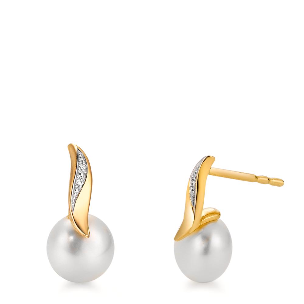Orecchini a bottone Oro giallo 750/18 carati Diamante bianco, 0.10 ct, 2 pietra, [Brillant], w-si Perla coltivata d'acqua dolce bianco, 2 Perla, 7 mm