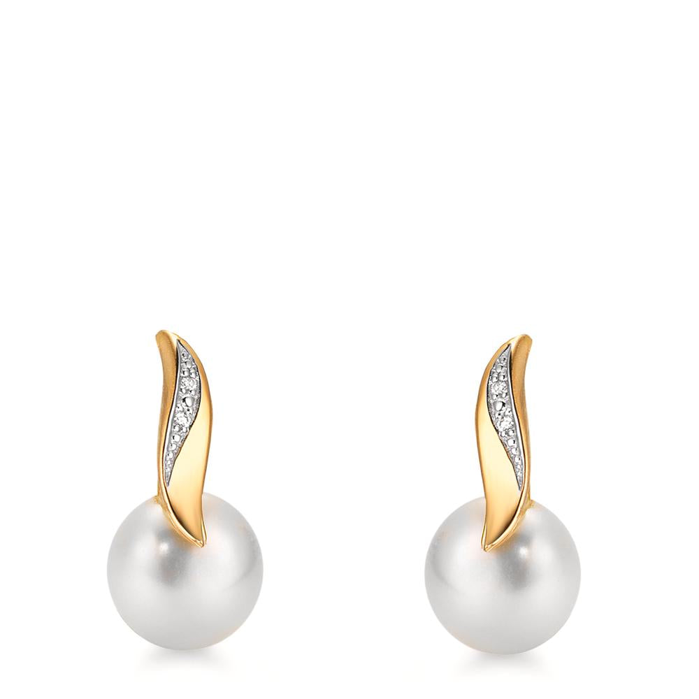 Orecchini a bottone Oro giallo 750/18 carati Diamante bianco, 0.10 ct, 2 pietra, [Brillant], w-si Perla coltivata d'acqua dolce bianco, 2 Perla, 7 mm