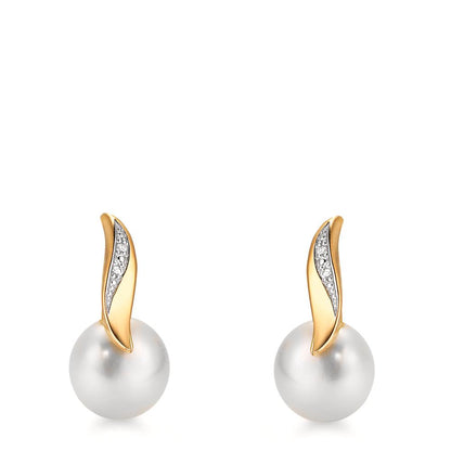 Orecchini a bottone Oro giallo 750/18 carati Diamante bianco, 0.10 ct, 2 pietra, [Brillant], w-si Perla coltivata d'acqua dolce bianco, 2 Perla, 7 mm