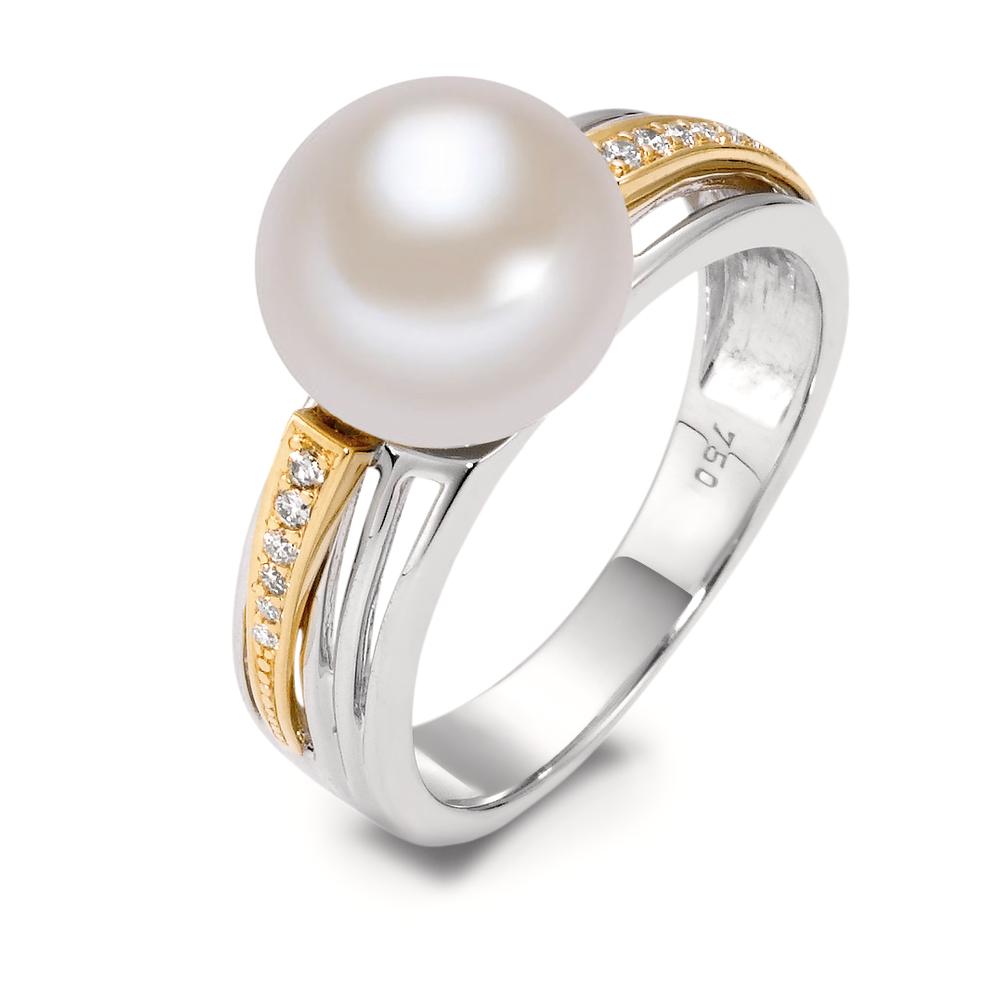 Anello Oro giallo 750/18 carati, Oro bianco 750/18 carati Diamante bianco, 0.06 ct, 12 pietra, [Brillant], w-si Perla coltivata d'acqua dolce bianco 9.5-10 mm