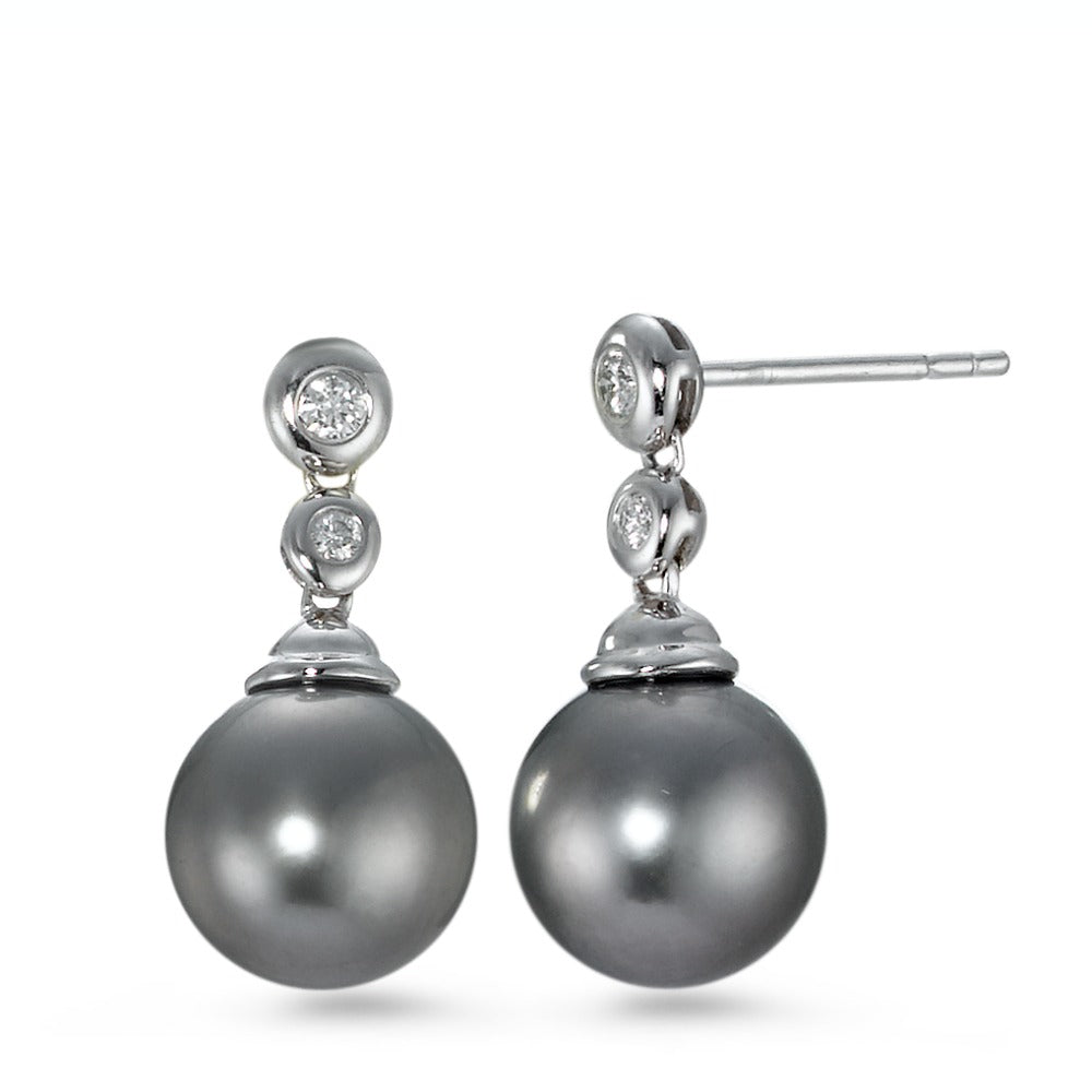 Orecchini Oro bianco 750/18 carati Diamante 0.09 ct, 4 pietra, w-si Perla di Tahiti Grigio, 2 Perla, 10 mm